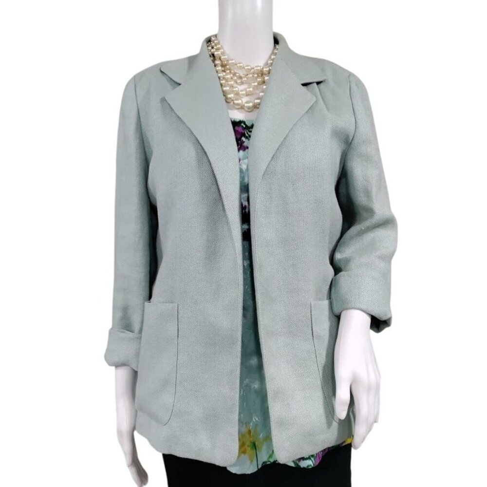 Linda Allard Ellen Tracey Vintage Light Sage Linen Open-Front Blazer 10